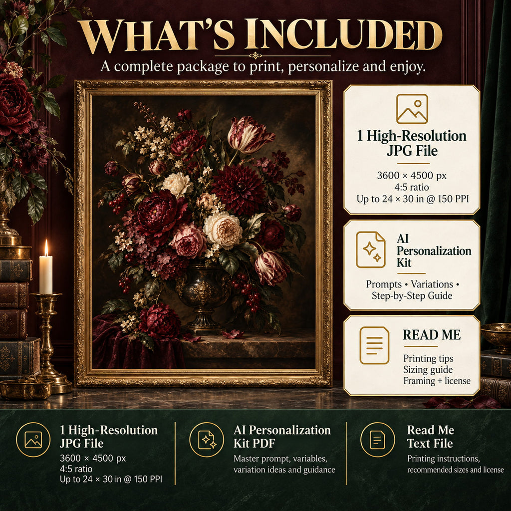 Burgundy Dark Floral Still Life digital download package with high-resolution JPG, AI Personalization Kit PDF and read me guide