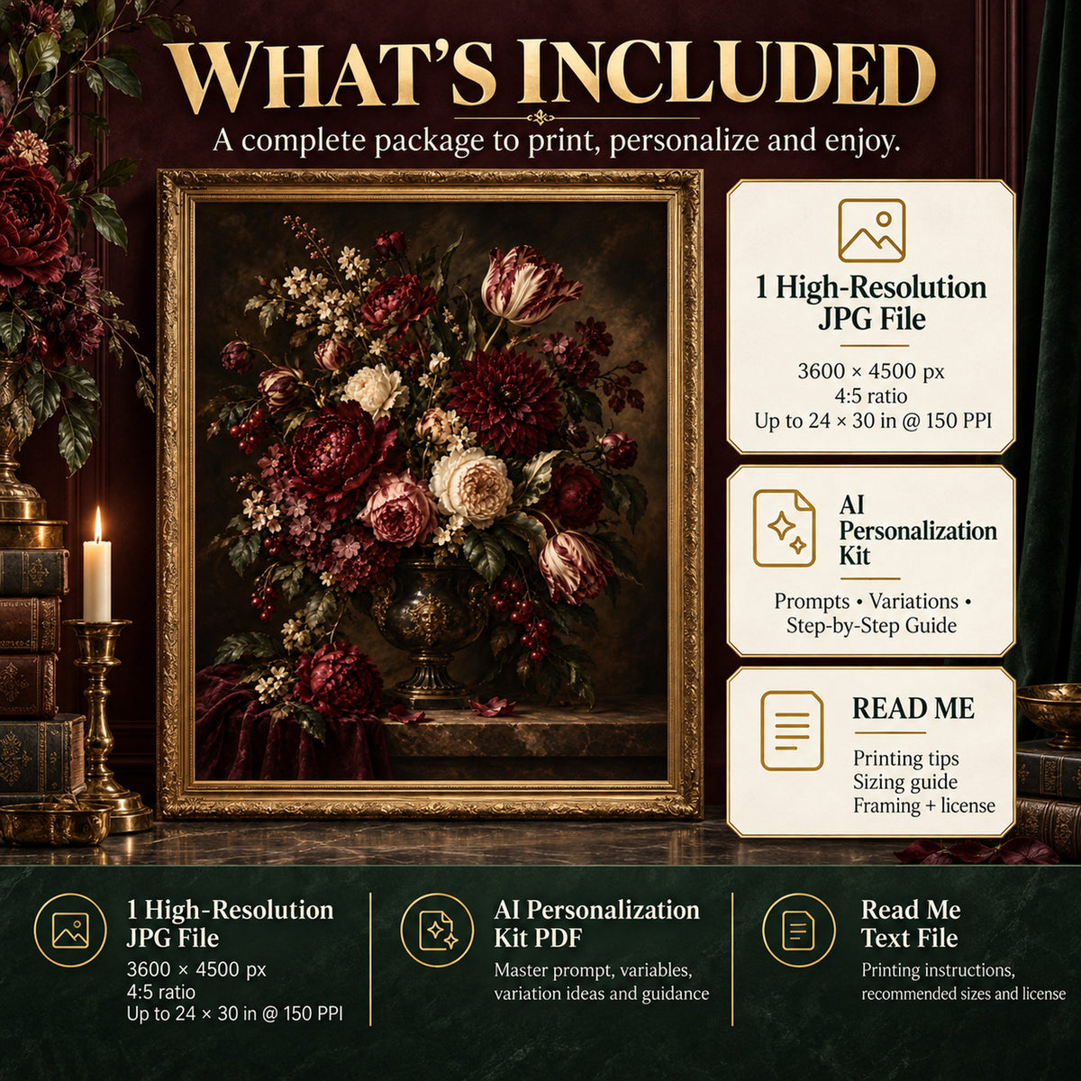 Burgundy Dark Floral Still Life digital download package with high-resolution JPG, AI Personalization Kit PDF and read me guide