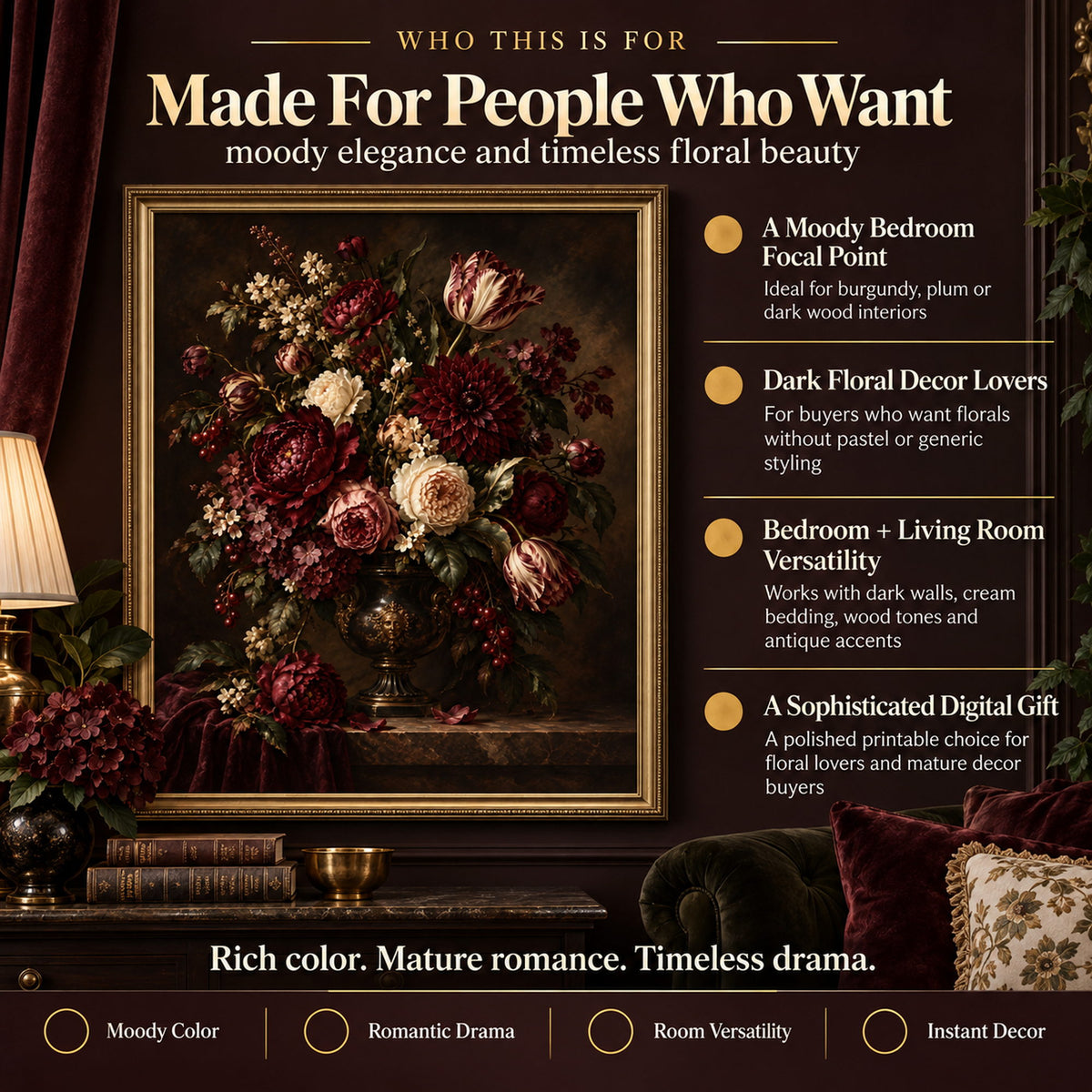Moody dark floral wall art for burgundy bedrooms, living rooms, floral lovers and mature romantic interiors