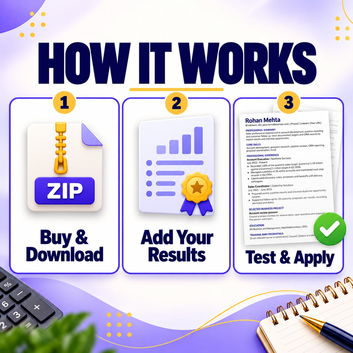 How to use the business resume pack: download, add your results, test and apply
