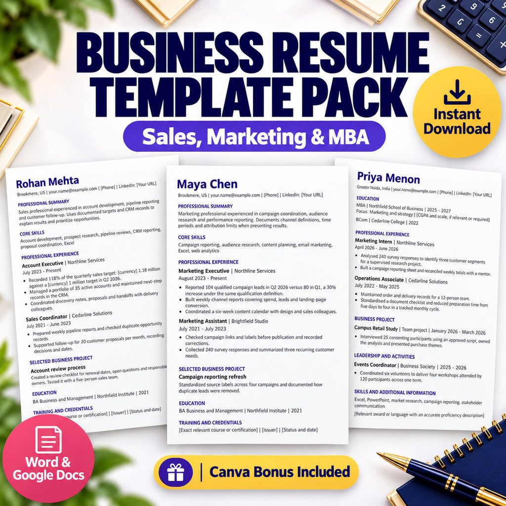 Business resume template pack for sales, marketing and MBA with Word, Google Docs and an editable Canva bonus