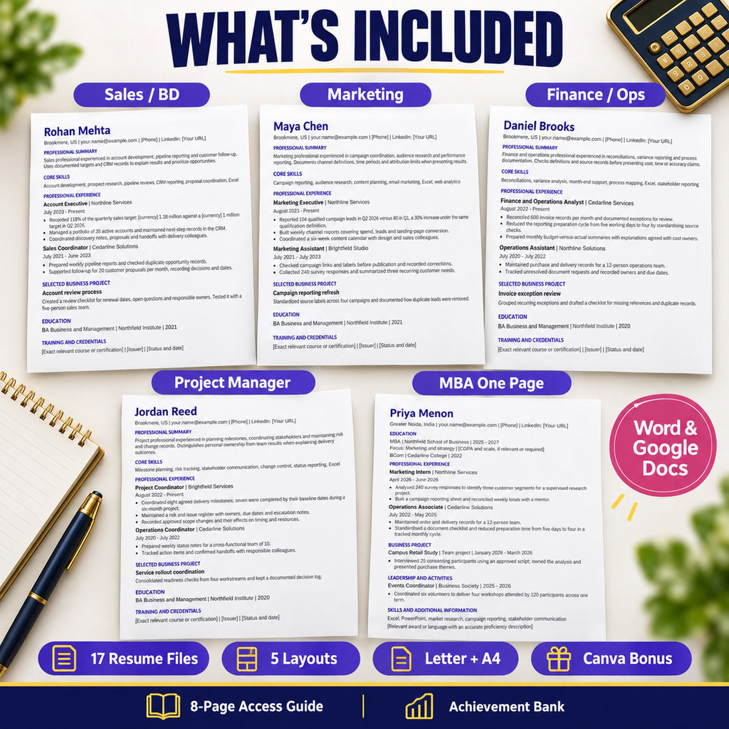 Five business resume layouts with 17 resume files, Letter and A4, Canva bonus, eight-page guide and achievement bank