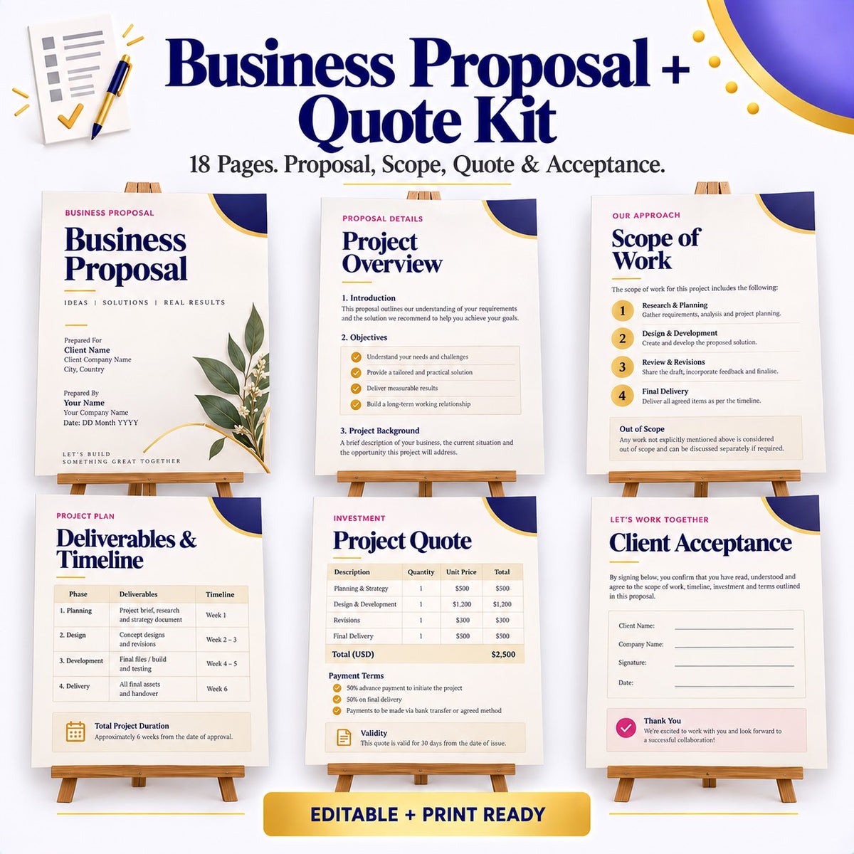 Business Proposal + Quote Kit – 18-Page Editable Canva Template + Print-Ready PDF