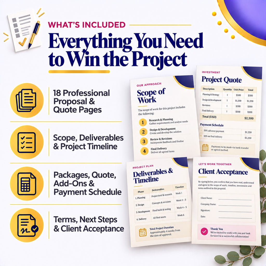 Business Proposal + Quote Kit – 18-Page Editable Canva Template + Print-Ready PDF