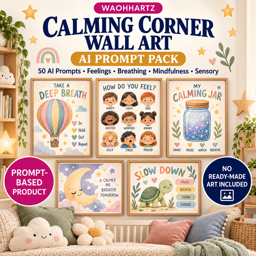 Calming corner wall art AI prompt pack with 50 prompts for feelings breathing mindfulness and sensory visuals