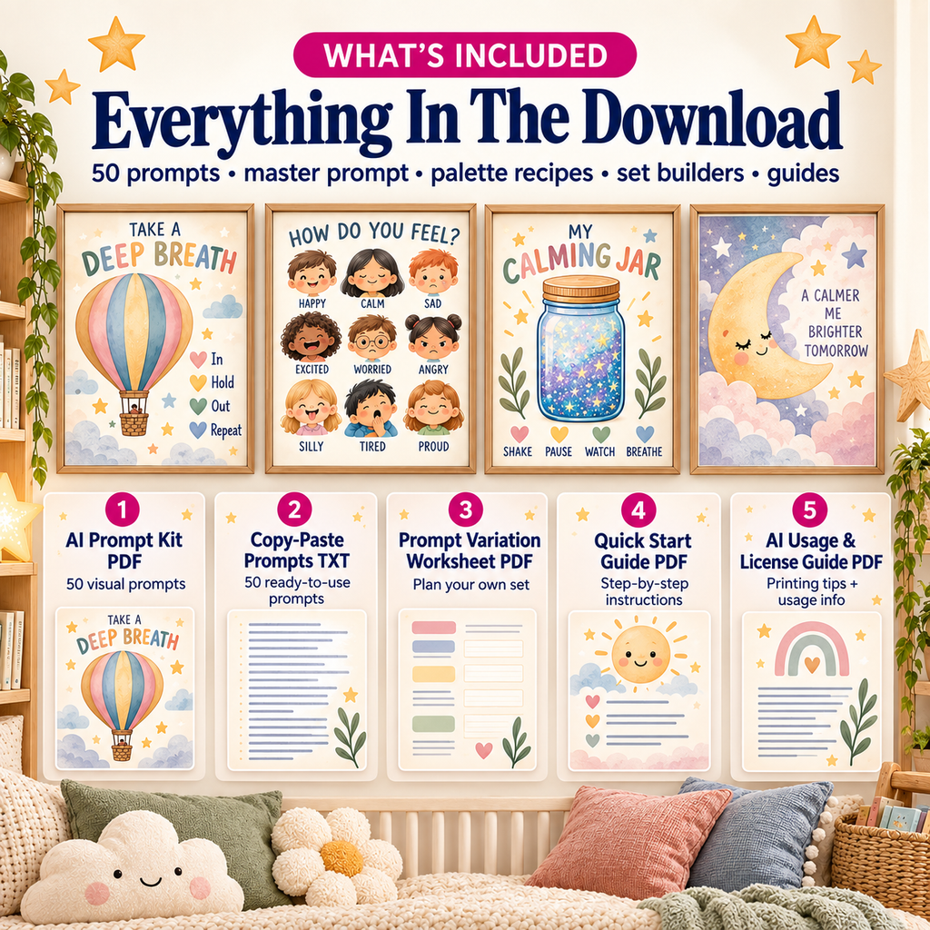 Calming corner wall art AI prompt pack contents with 50 prompts guides worksheet and usage files