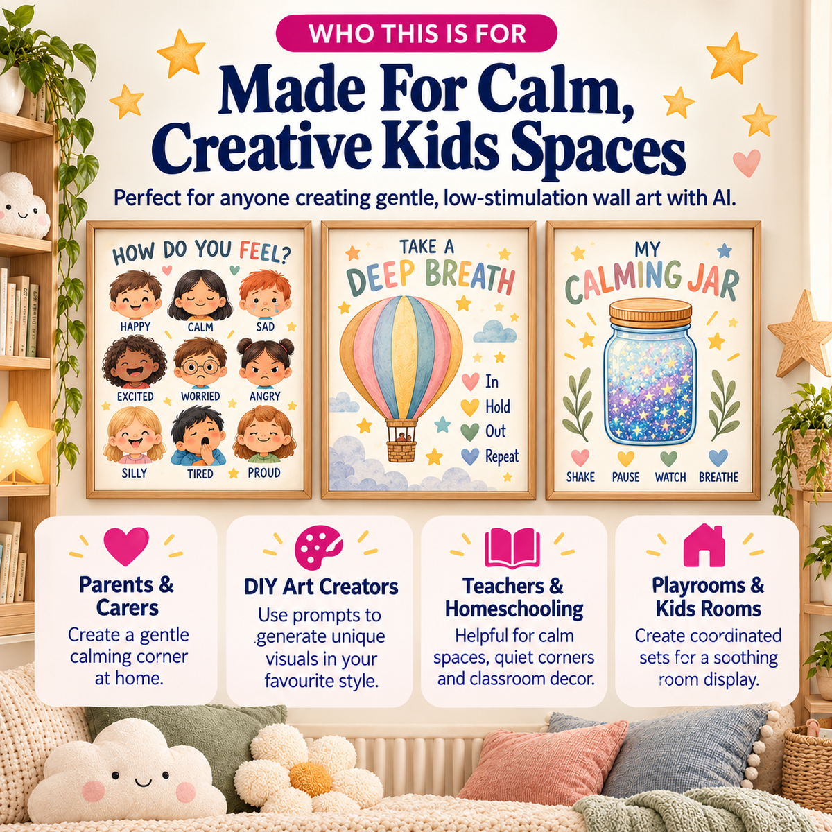 Calming corner wall art AI prompts for parents carers teachers homeschoolers and kids spaces