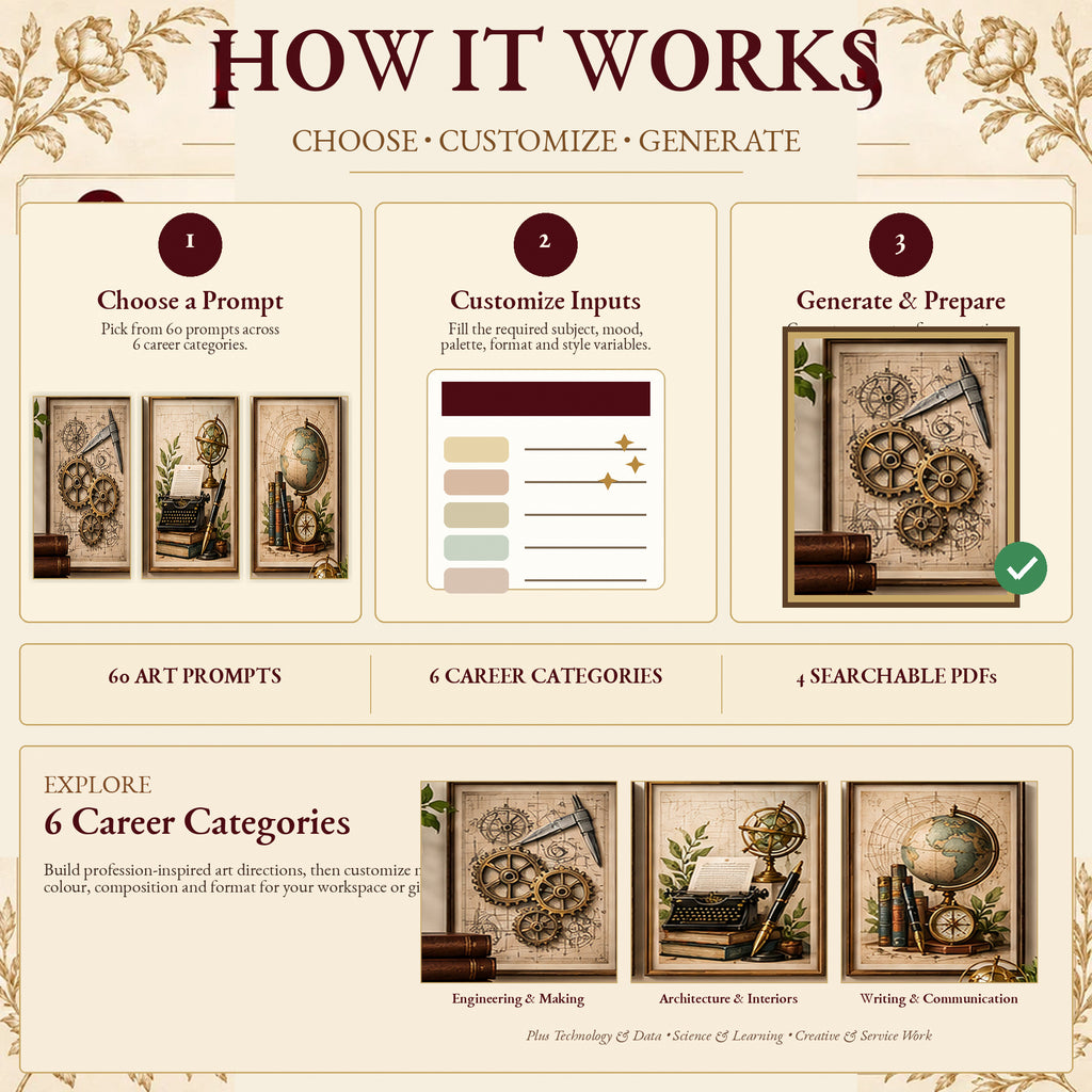 How the Career Symbol Office Art AI Prompt Kit works: choose a prompt, customize inputs, generate career-inspired art and prepare it for print.