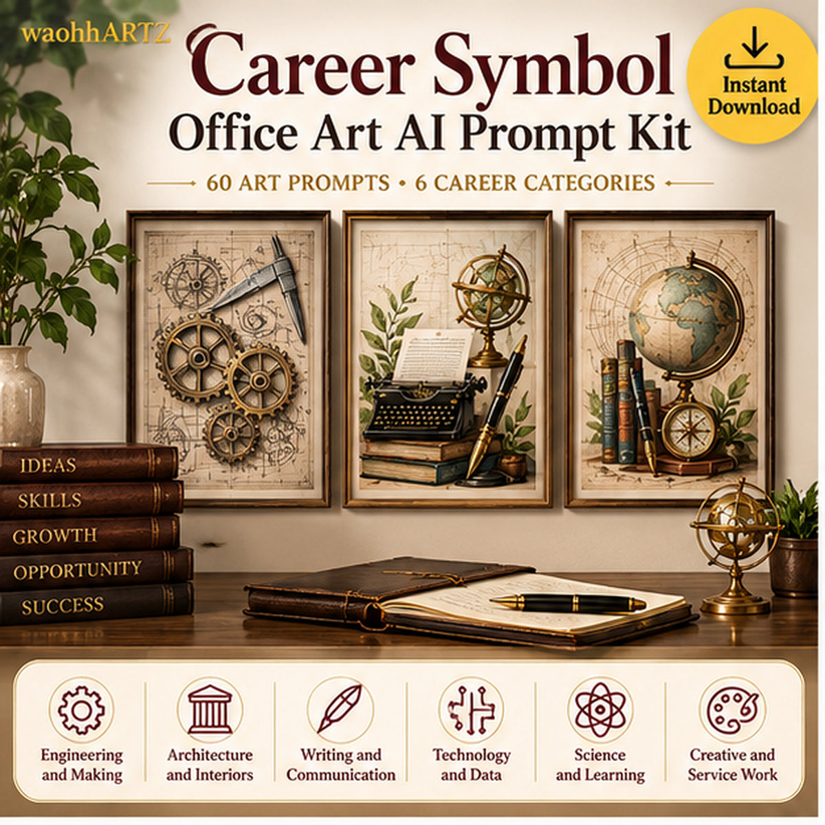 Career Symbol Office Art AI Prompt Kit with 60 career-themed art prompts across six categories for professional office decor.