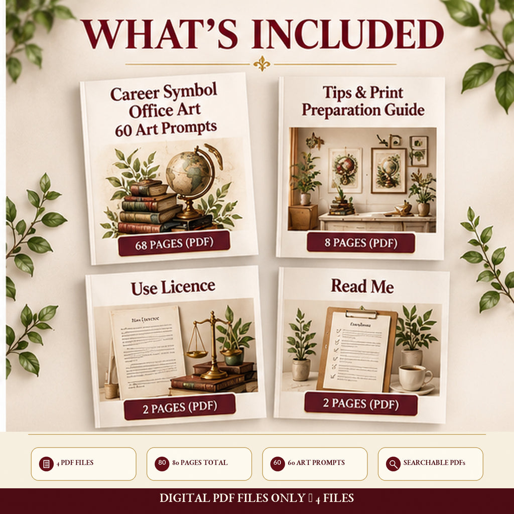 What's included in the Career Symbol Office Art AI Prompt Kit: 4 PDF files with 60 prompts, print preparation guide, use licence and read me.