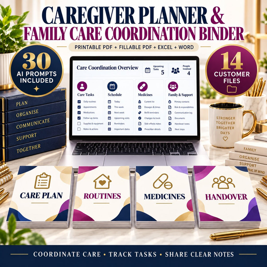 Caregiver Planner and Family Care Coordination Binder with 30 AI prompts and 14 customer files
