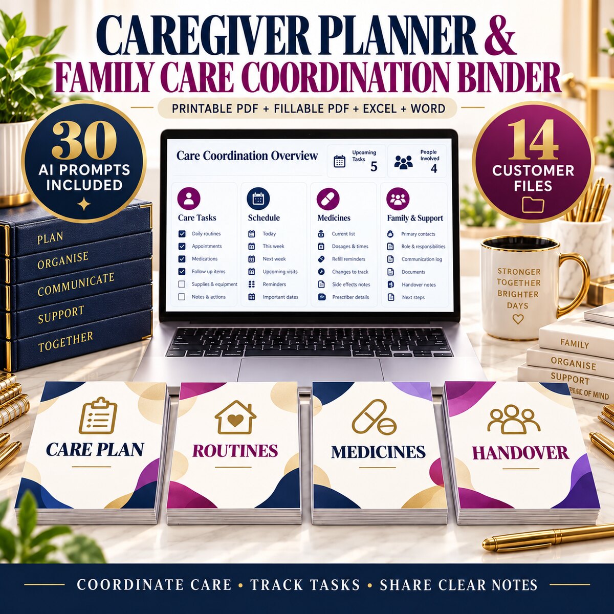 Caregiver Planner and Family Care Coordination Binder with 30 AI prompts and 14 customer files