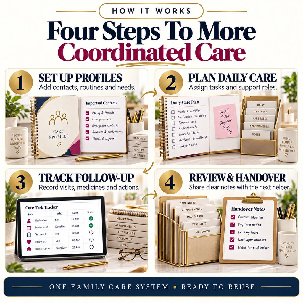 Four step caregiver coordination workflow for profiles routines follow up and handovers