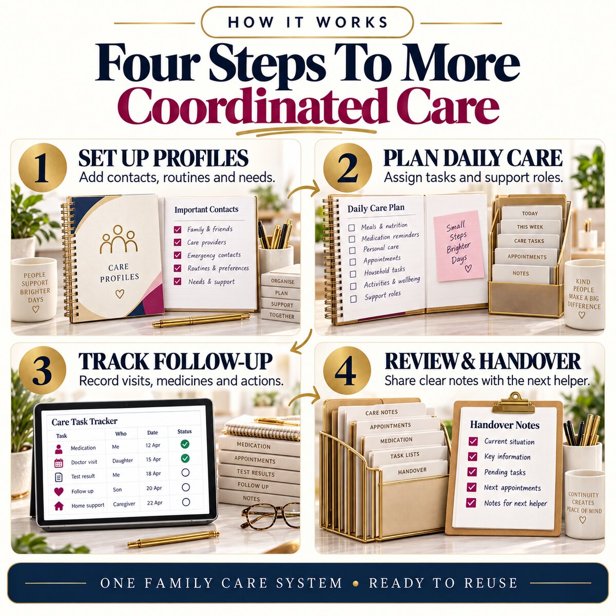 Four step caregiver coordination workflow for profiles routines follow up and handovers