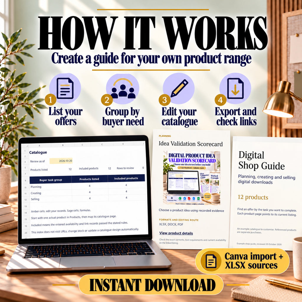 Four steps to create a digital shop guide: list offers, group by buyer need, edit catalogue pages, then export and check links.