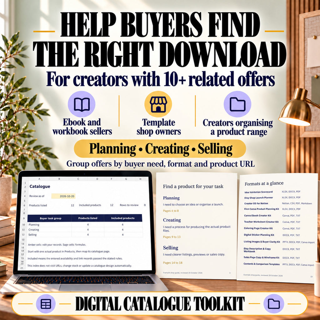 Digital catalogue toolkit for ebook, workbook and template sellers, with actual buyer-task navigation and format comparison pages.
