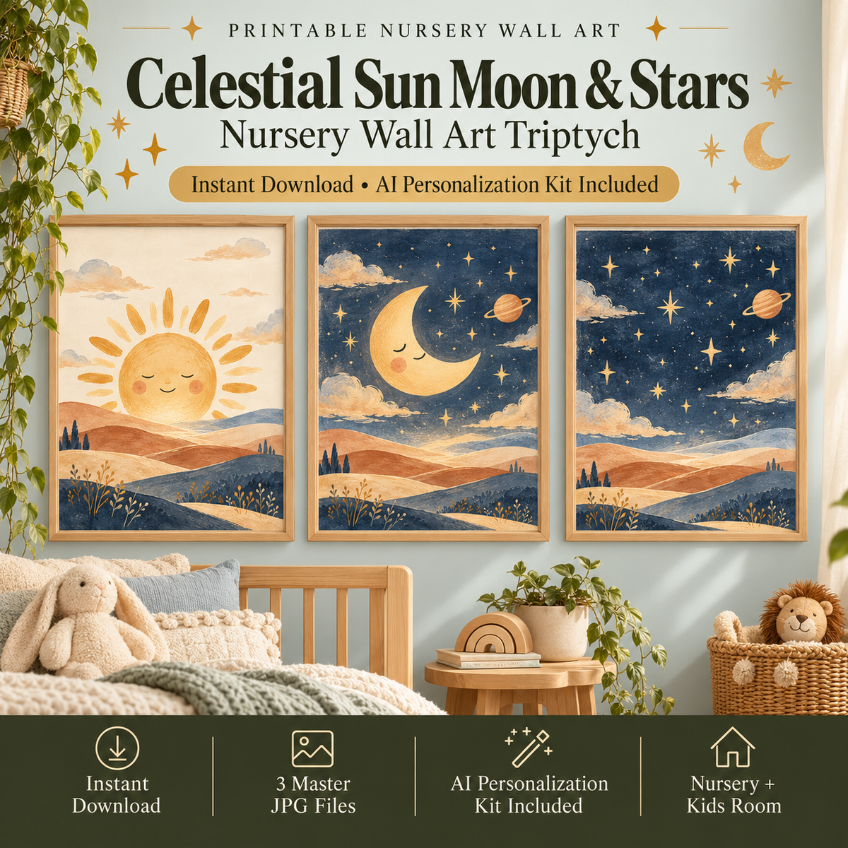 Celestial nursery wall art triptych with sun, crescent moon and starry night prints in warm cream, muted gold and midnight blue