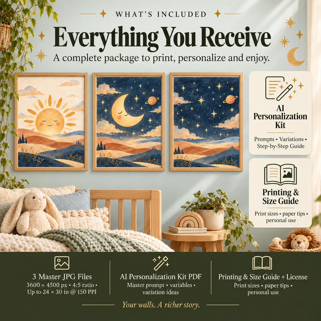 Celestial nursery wall art set of three 3600 by 4500 px master JPGs with AI Personalized Kit, printing guide and personal-use license