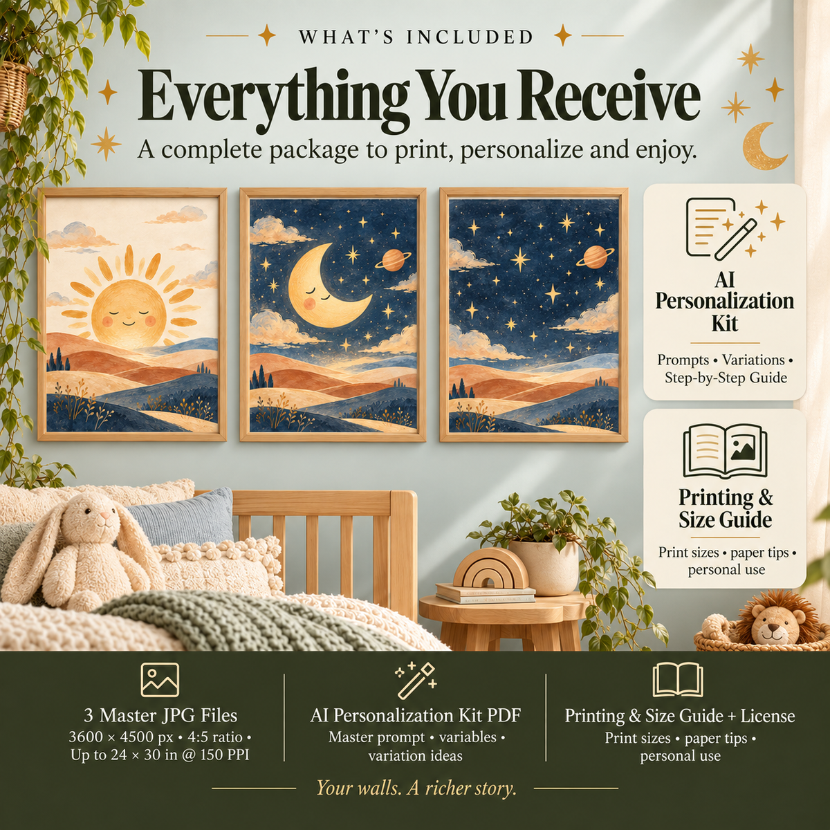 Celestial nursery wall art set of three 3600 by 4500 px master JPGs with AI Personalized Kit, printing guide and personal-use license