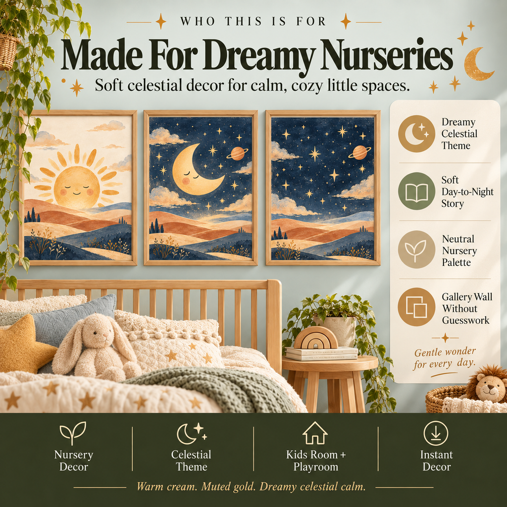 Celestial nursery prints for dreamy neutral nurseries, kids rooms and playrooms with soft sun moon and stars decor