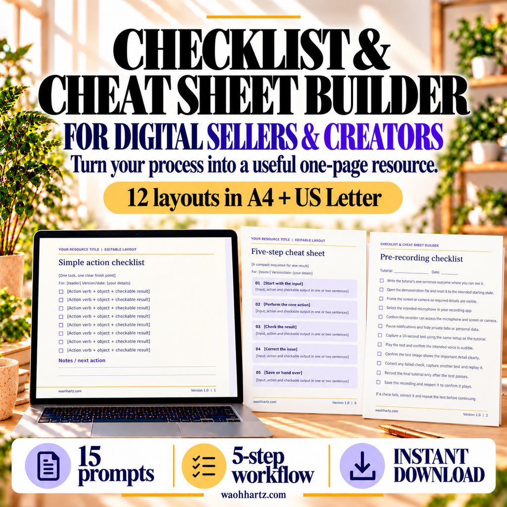 Checklist and Cheat Sheet Builder for digital sellers and creators, with simple checklist, five-step sheet and completed pre-recording example.