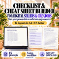 Checklist and Cheat Sheet Builder for digital sellers and creators, with simple checklist, five-step sheet and completed pre-recording example.