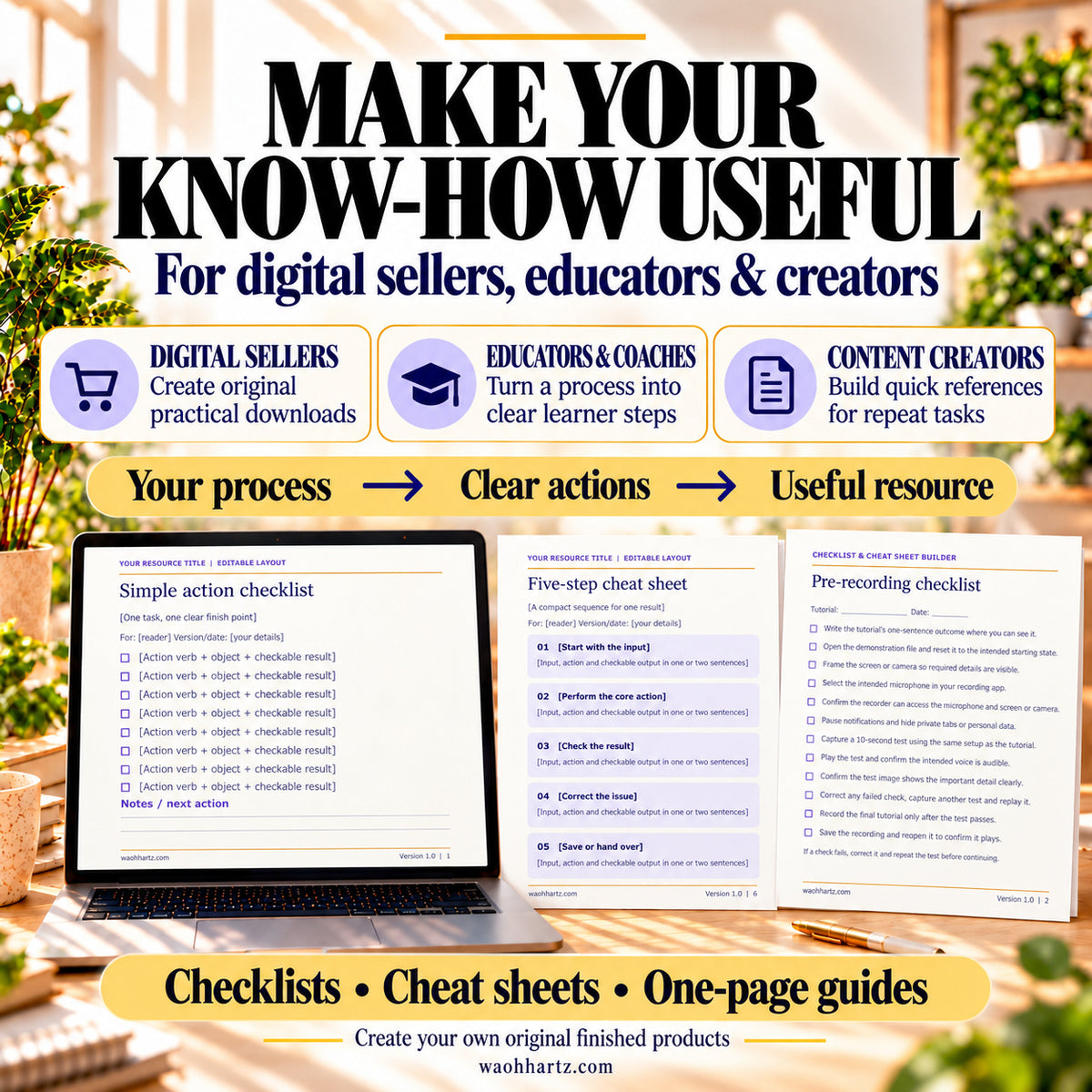 Checklist builder use cases for digital sellers, educators, coaches and content creators, with sample layout pages.