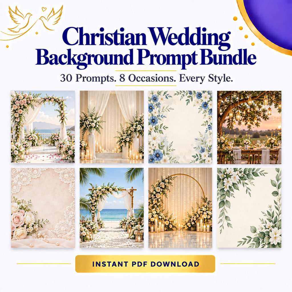 Christian Wedding Background Prompt Bundle | 30 Prompts, 8 Occasions | Instant Download PDF