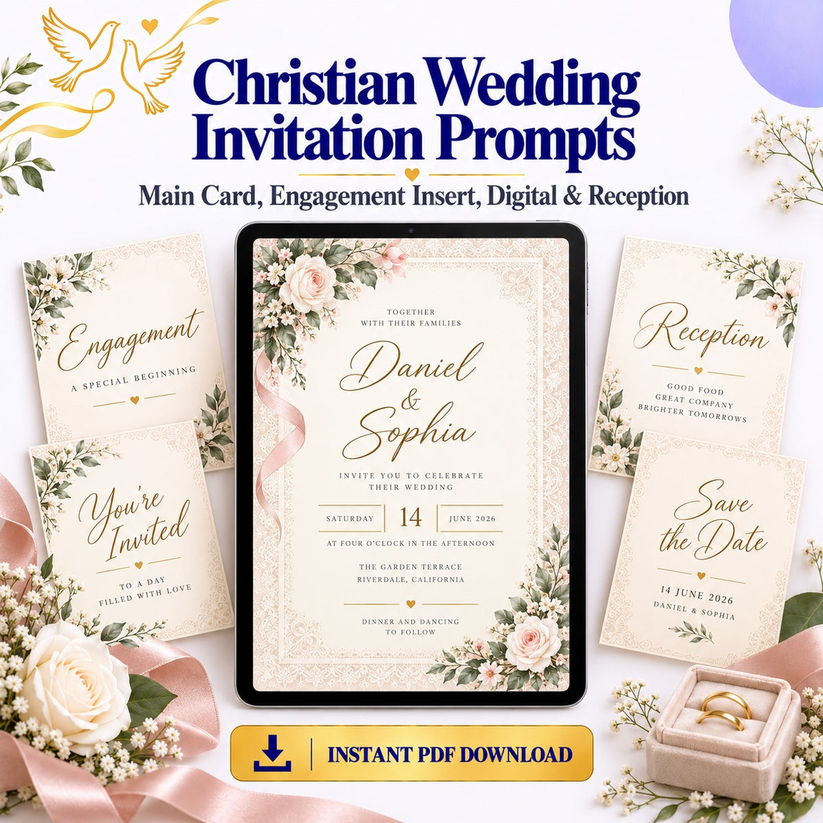 Christian Wedding Invitation Prompt Pack | Main Card + Engagement + Digital + Reception | Instant Download PDF