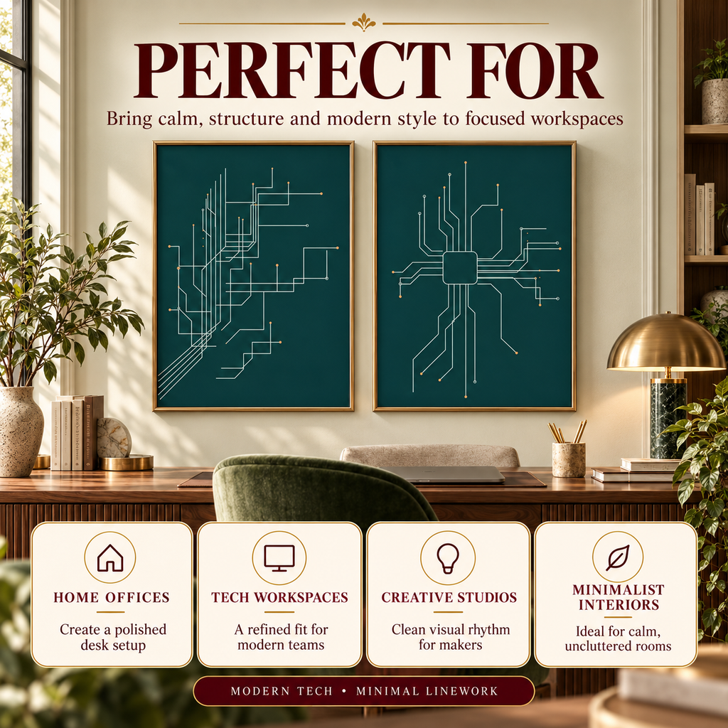 Circuit Line Pair printable wall art displayed in a modern home office for tech workspaces, creative studios, minimalist interiors and home offices.