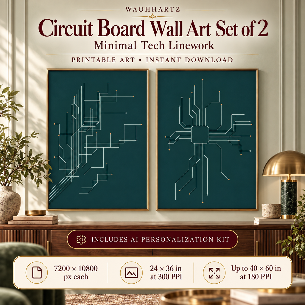 Circuit board wall art set of 2 hero image showing minimal tech linework printable art with 7200 by 10800 pixel files, 24 by 36 inches at 300 PPI and up to 40 by 60 inches at 180 PPI.