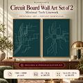 Circuit board wall art set of 2 hero image showing minimal tech linework printable art with 7200 by 10800 pixel files, 24 by 36 inches at 300 PPI and up to 40 by 60 inches at 180 PPI.
