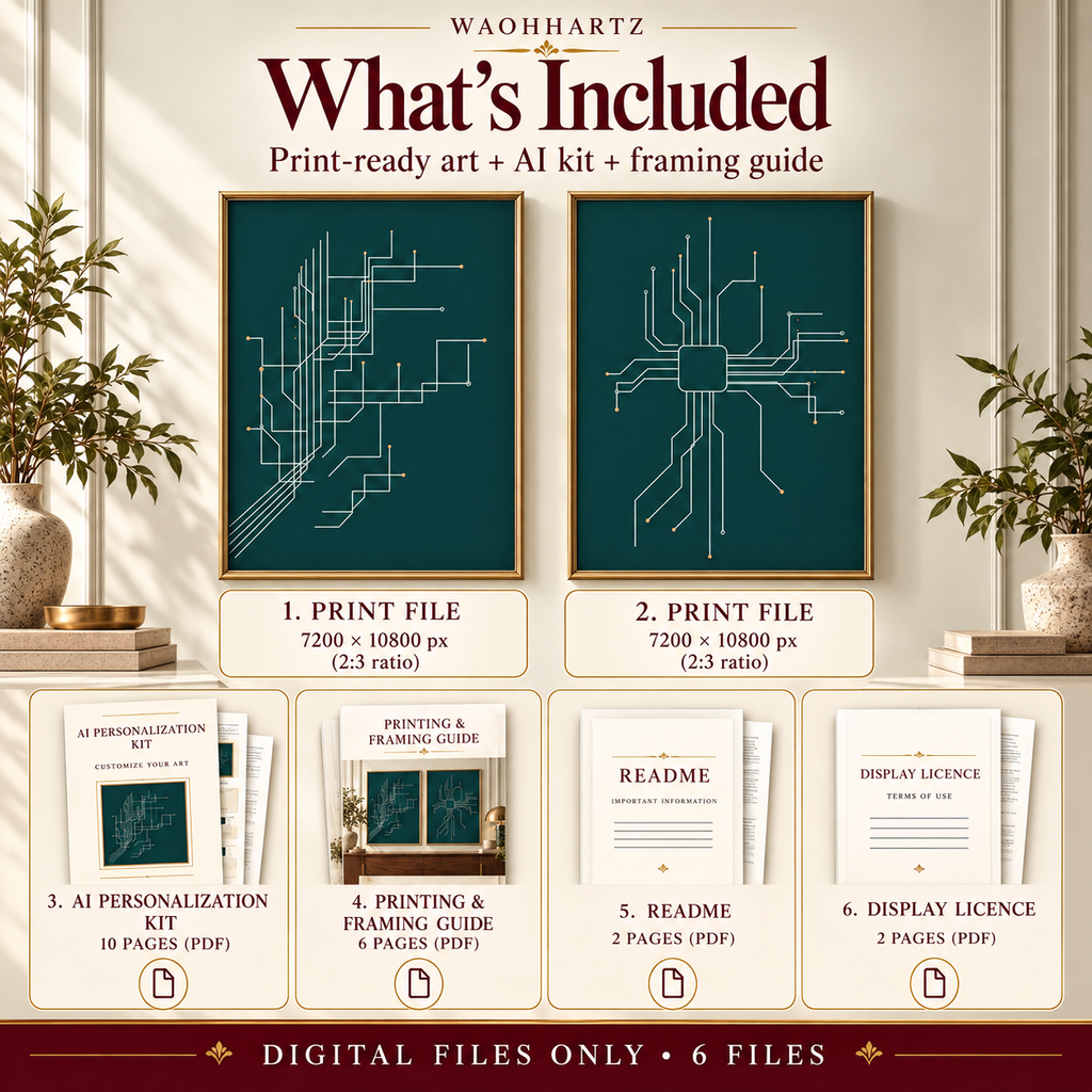 What’s included image for circuit board wall art printable set showing 2 print files, AI personalization kit, printing and framing guide, Read Me and display licence.