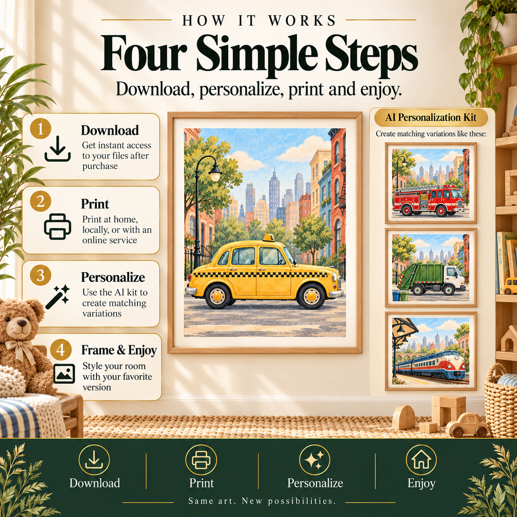 How to use transportation nursery wall art: download, print, personalize with the AI kit and frame