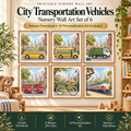 Transportation nursery wall art set of 6 with watercolor yellow cab, school bus, garbage truck, fire engine, bicycle and passenger train prints