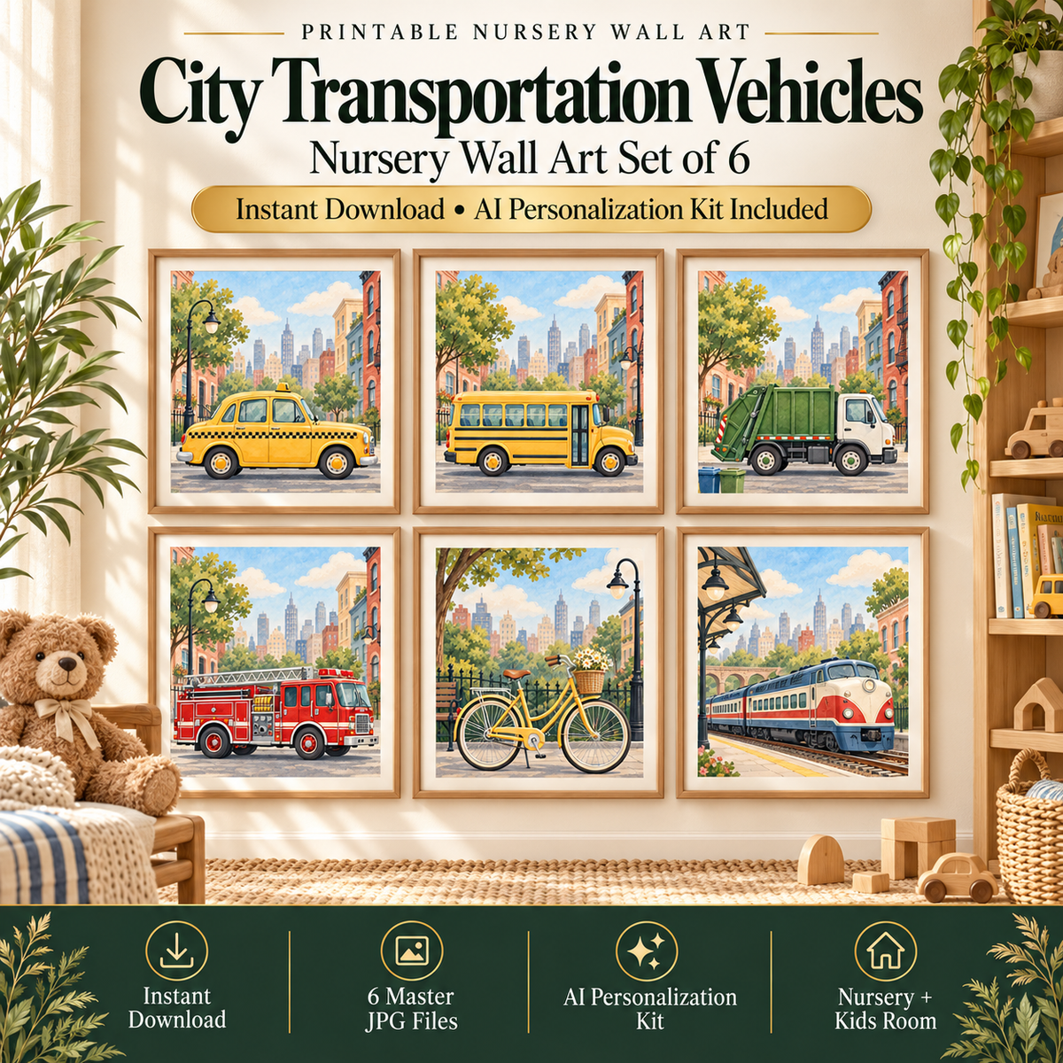 Transportation nursery wall art set of 6 with watercolor yellow cab, school bus, garbage truck, fire engine, bicycle and passenger train prints