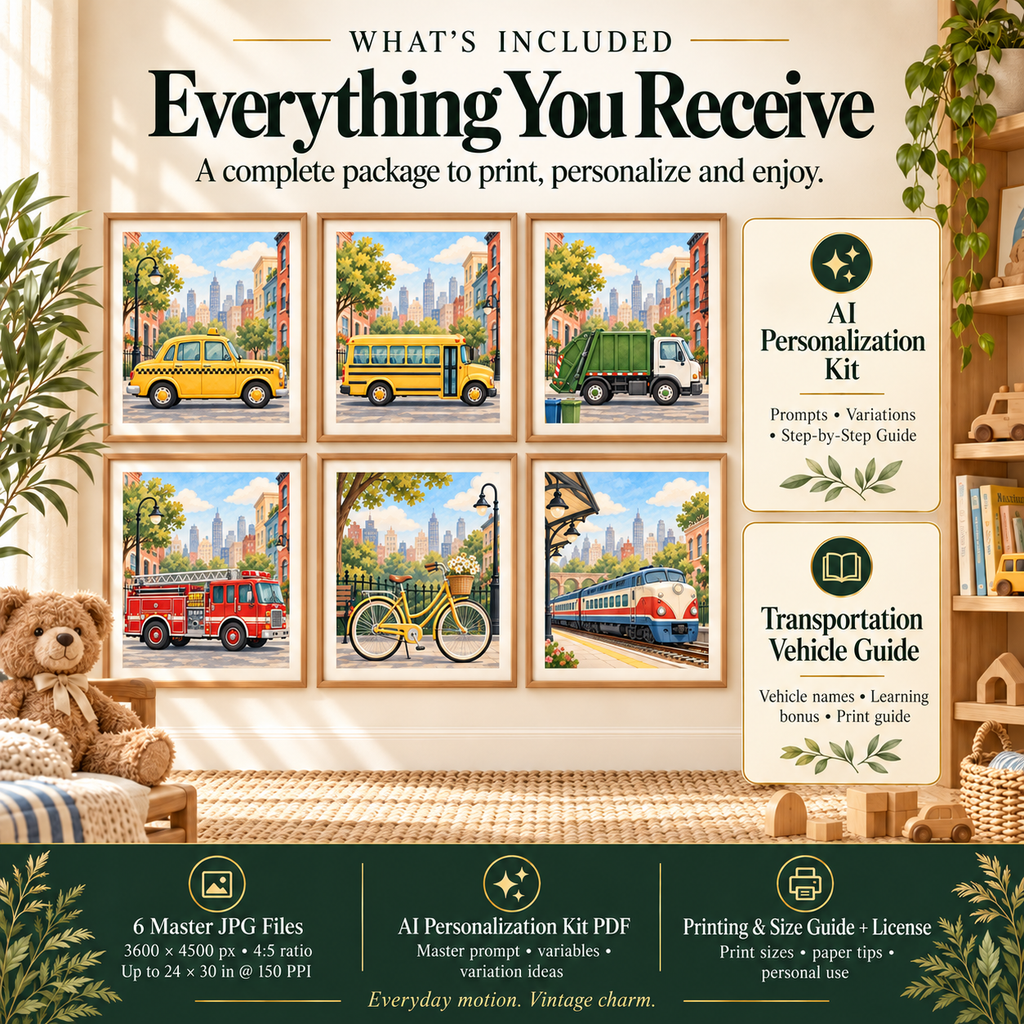 Transportation nursery wall art files with six 3600 by 4500 px master JPGs, AI Personalized Kit, vehicle guide and printing guide