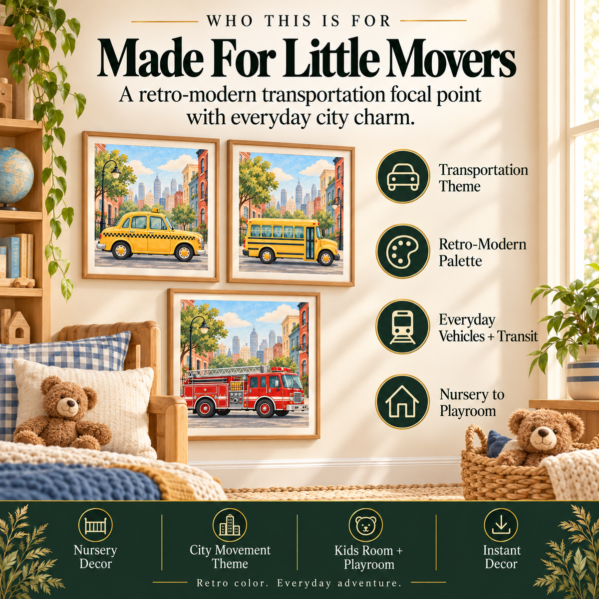 Transportation nursery prints for toddlers, kids rooms, playrooms and retro-modern city vehicle decor