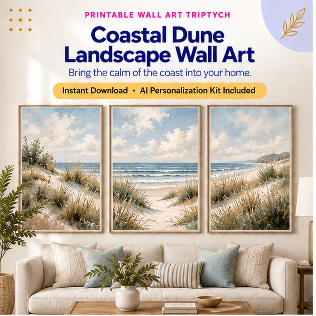 Coastal dune neutral landscape printable wall art triptych with AI Personalization Kit