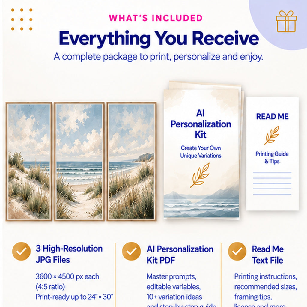 Coastal dune triptych includes three 3600x4500 JPG files AI Personalization Kit and printing guide