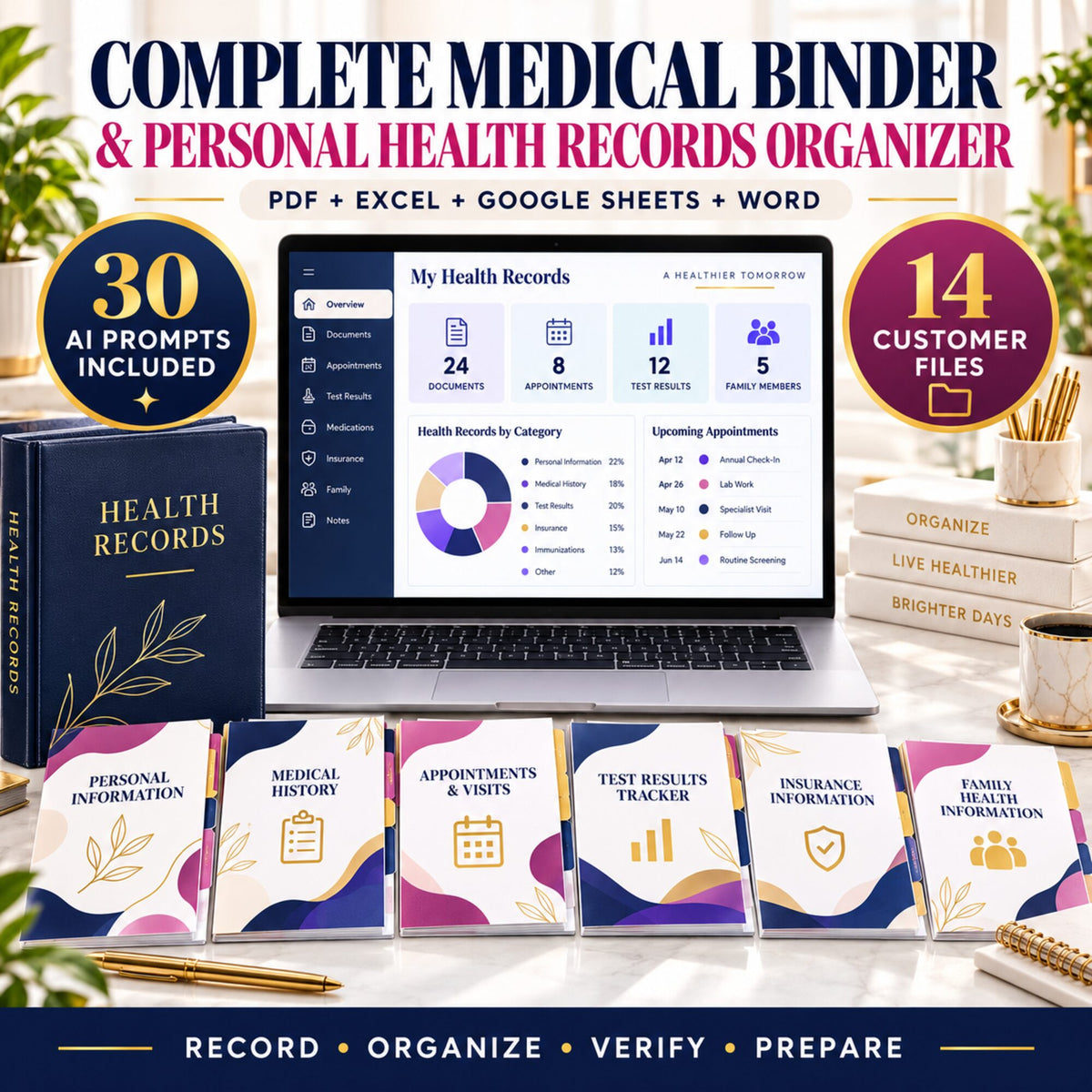Complete Medical Binder and personal health records organizer with 48-page binder, 12-tab dashboard, 30 AI prompts and 14 customer files