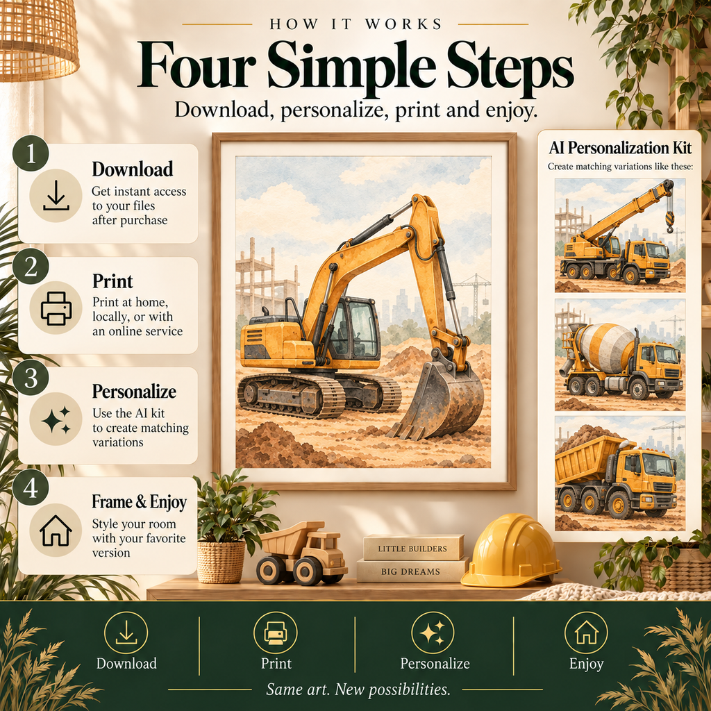 How to use construction nursery wall art: download, print, personalize with the AI kit and frame
