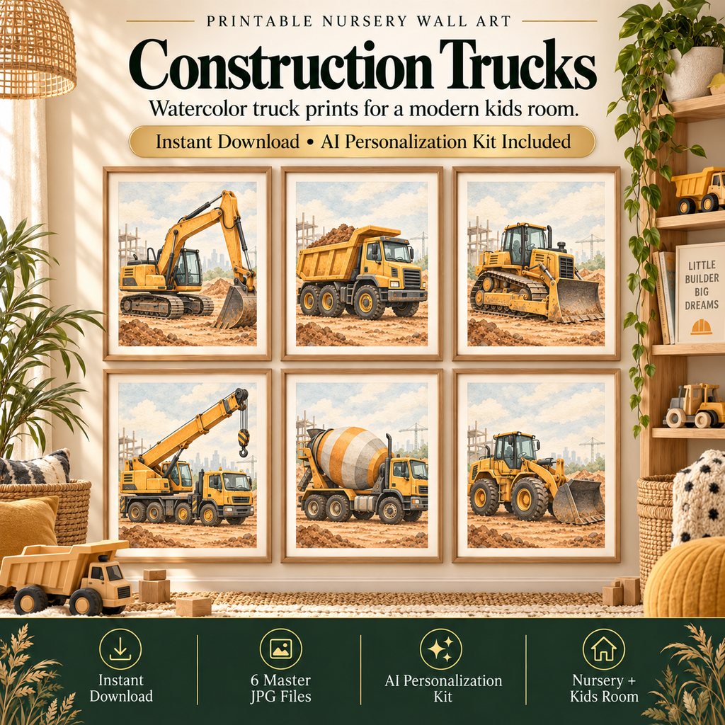 Construction nursery wall art set of 6 with watercolor excavator, dump truck, bulldozer, crane, cement mixer and front loader prints