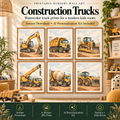Construction nursery wall art set of 6 with watercolor excavator, dump truck, bulldozer, crane, cement mixer and front loader prints