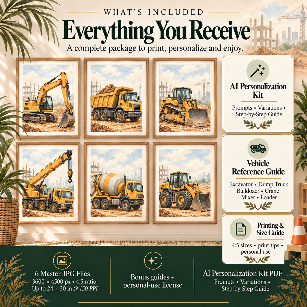 Construction nursery wall art files with six 3600 by 4500 px master JPGs, AI Personalized Kit, vehicle reference guide and printing guide