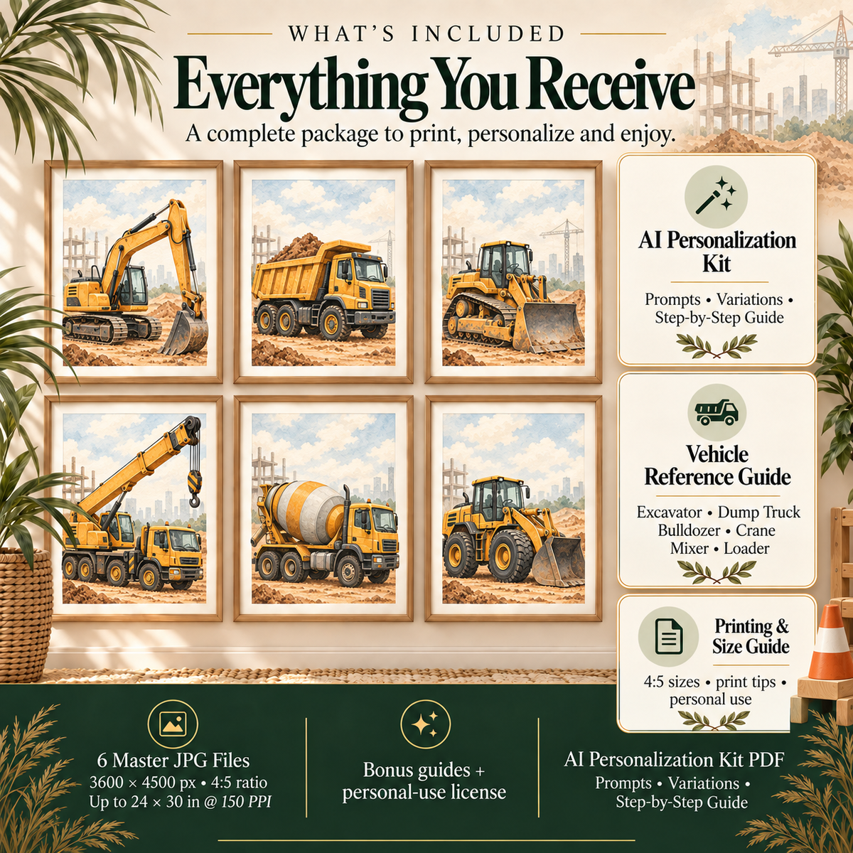 Construction nursery wall art files with six 3600 by 4500 px master JPGs, AI Personalized Kit, vehicle reference guide and printing guide