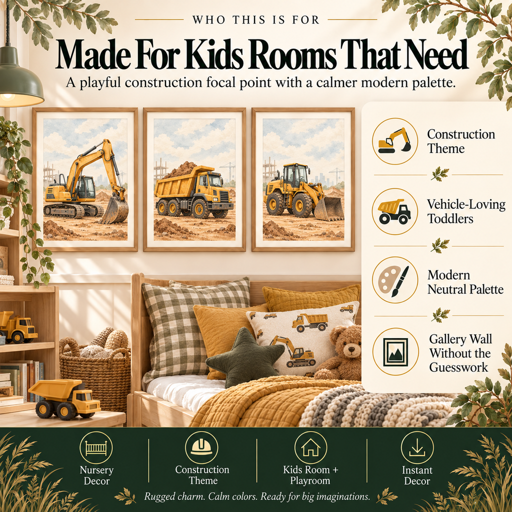 Construction truck wall art for toddlers, modern nurseries, kids rooms, playrooms and learning corners