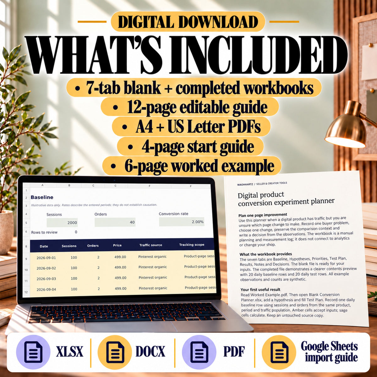 Conversion planner contents showing blank and completed workbooks, a 12-page guide and setup PDFs