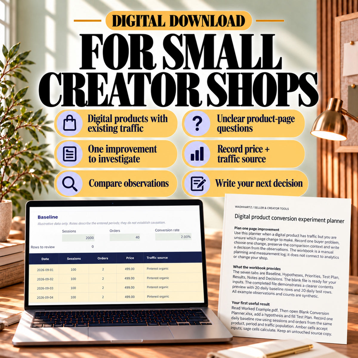 Conversion experiment workbook for small creator shops reviewing product-page changes and matching observations