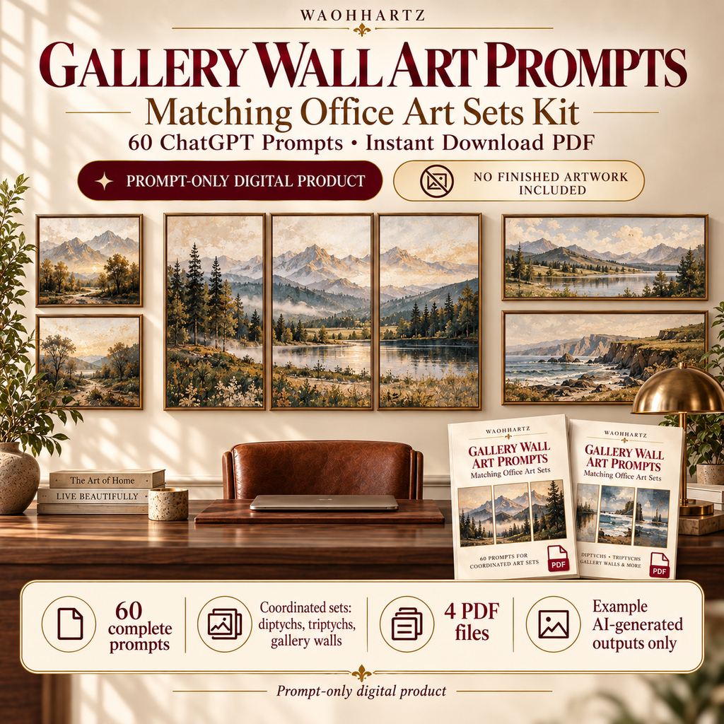 Coordinated Gallery Wall Studio AI art prompt kit overview with labelled example artwork; no finished art included.
